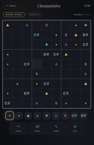 ChromaSolve Mixed Mode combining colored shapes and musical notes in the same 9x9 sudoku puzzle, with symbols like triangles, diamonds and crosses alongside notes A B C# and D#